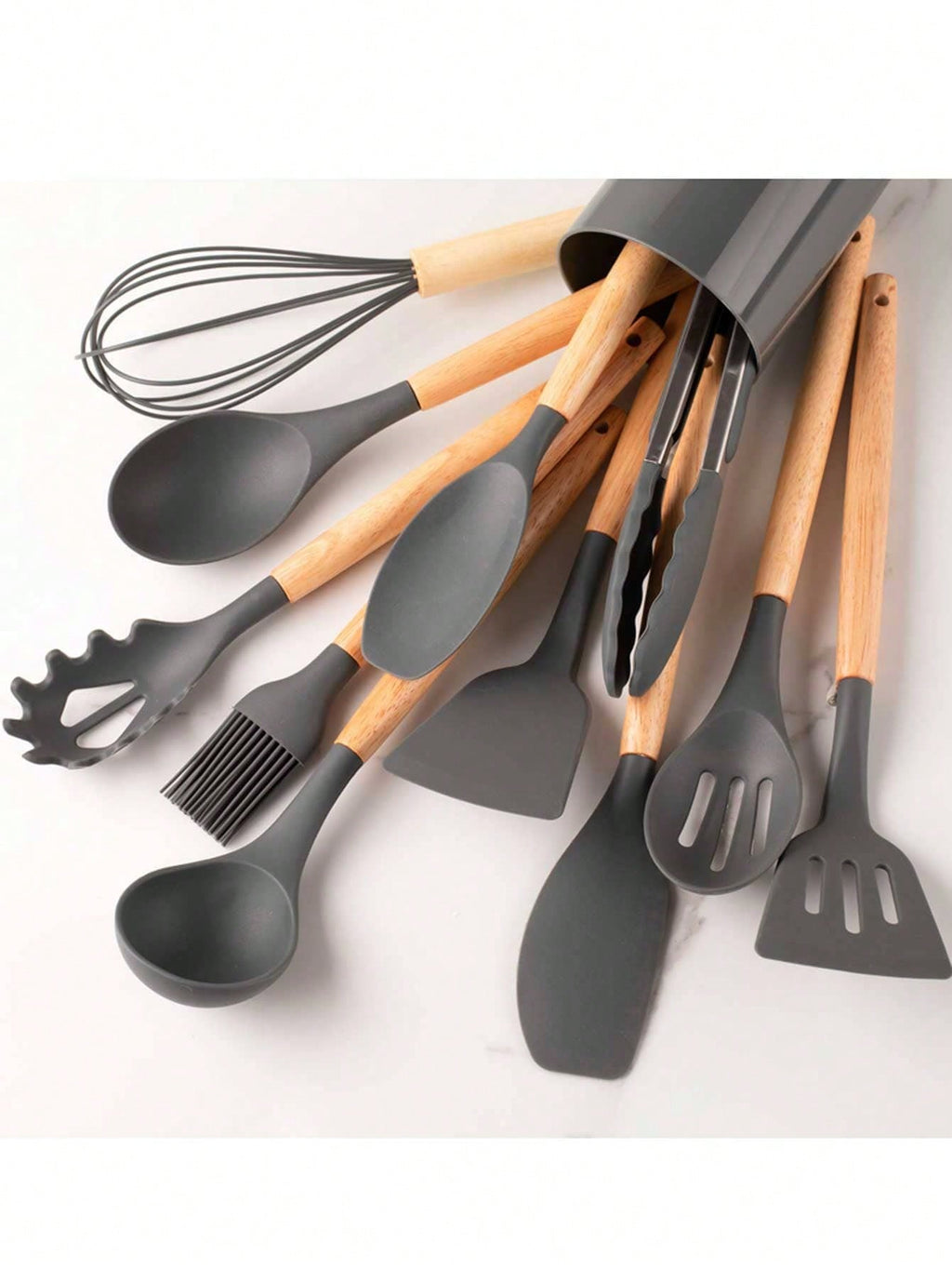 12 pièces Set d'ustensiles de cuisine en silicone avec manche en bois et seau de rangement