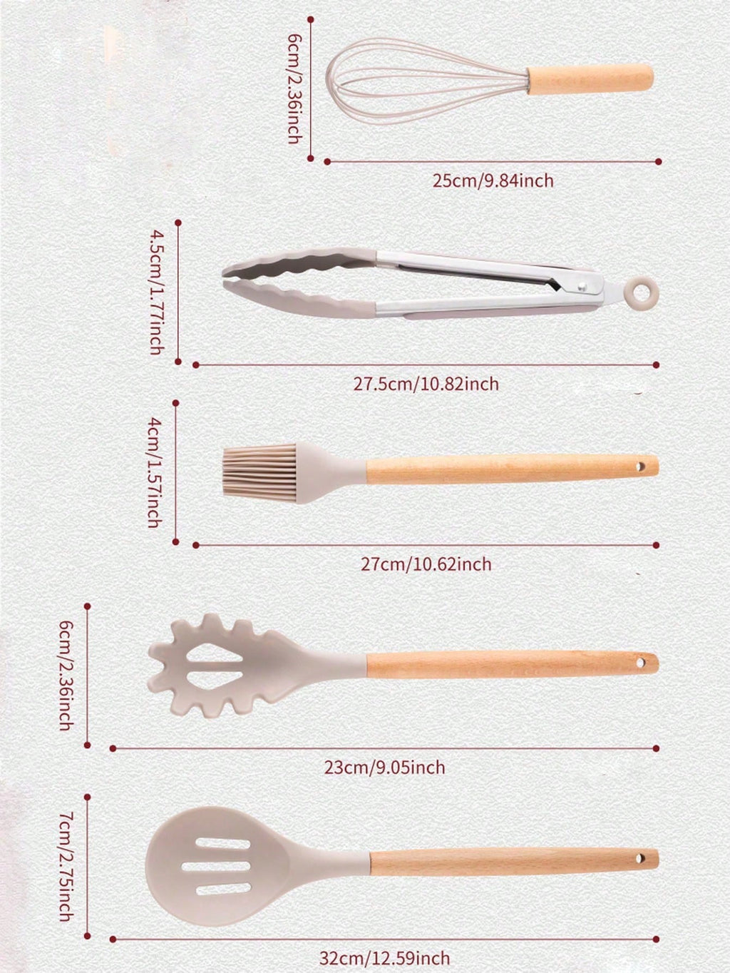 12 pièces Set d'ustensiles de cuisine en silicone avec manche en bois et seau de rangement